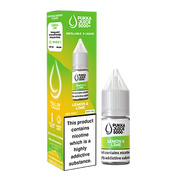 Packaging for Lemon & Lime Pukka Juice 5000+ Nic Salt E-Liquid featuring a green and yellow design with images of a bottle and a dropper, indicating the product is a nicotine salt e-liquid.